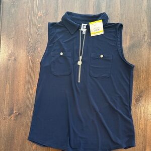 Anne Klein Navy Sleeveless Polo Zip Front Top